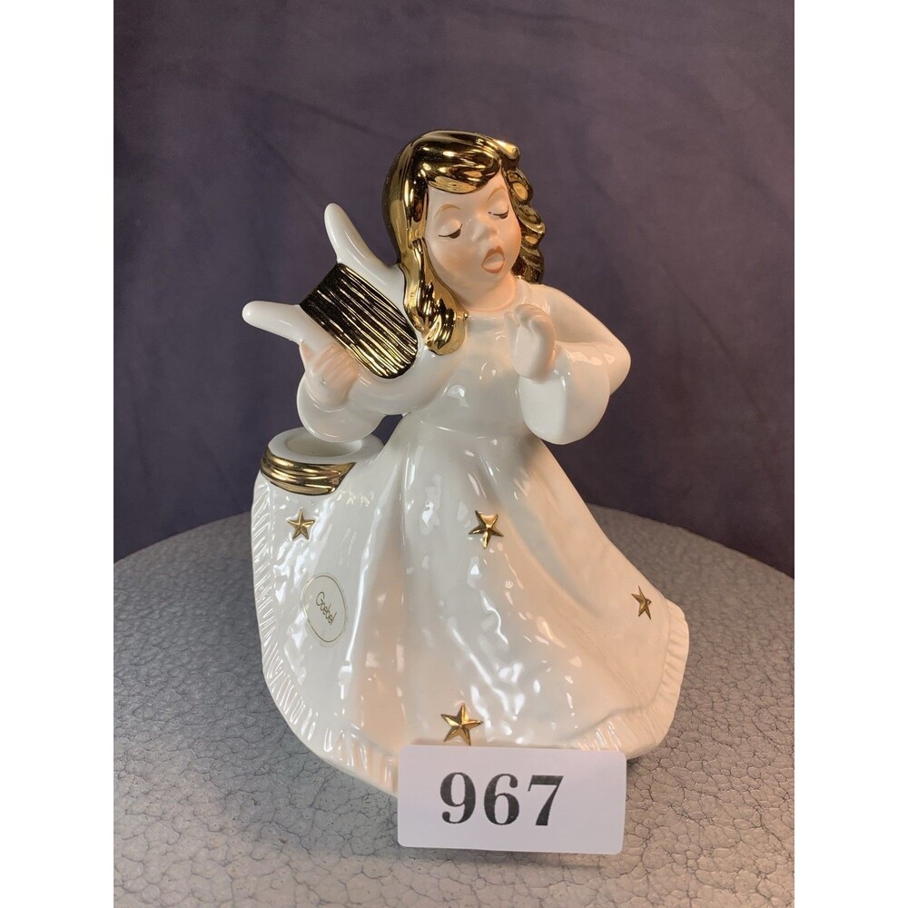 Goebel Angel Candle Holder White Porcelain Gold Stars Harp Weihnacht Christmas
